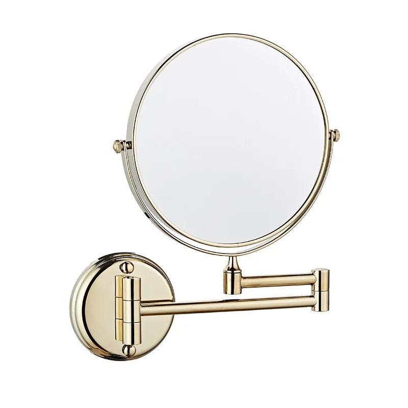 Gold wall mounted retractable makeup mirror with round double-sided frame