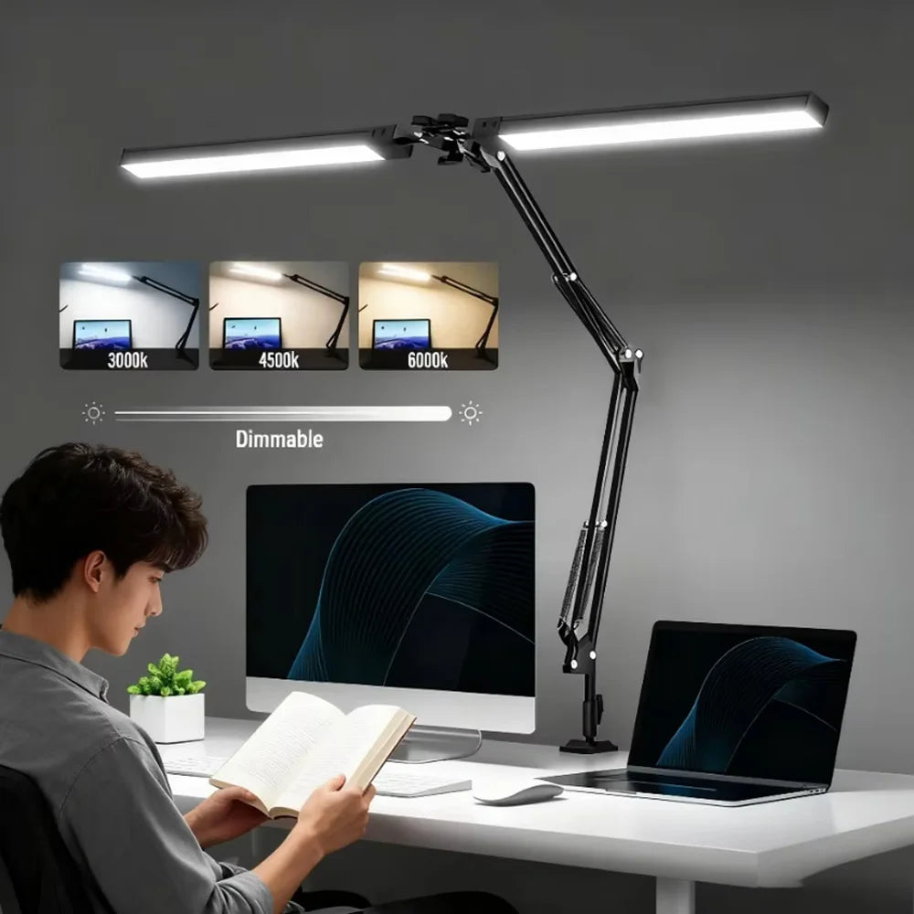 Black adjustable LED desk lamp with clamp shown on a modern desk with three color lighting modes