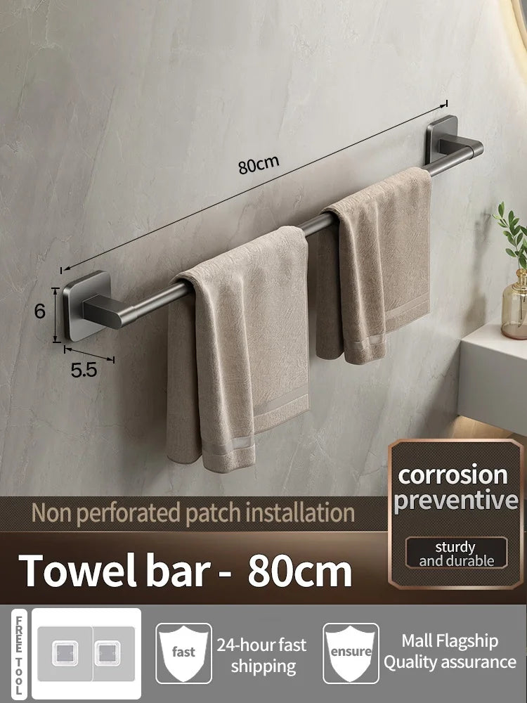 Adhesive Gray Aluminum Towel Bar – No-Drill Wall-Mounted Towel Rack for Bathroom, Kitchen, or Laundry