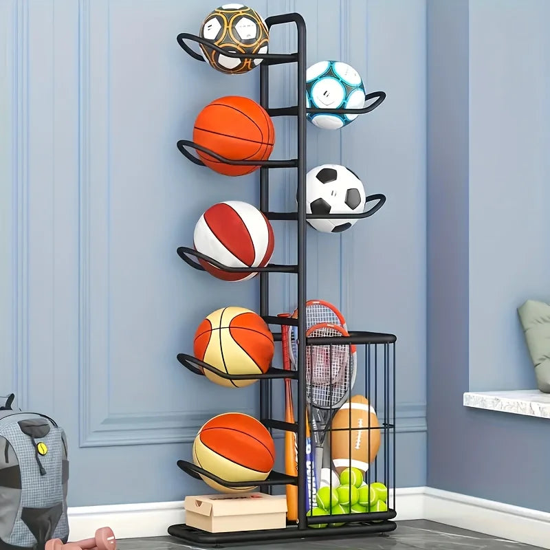 Tall black ball storage rack loaded with various sports balls and rackets in a blue mudroom