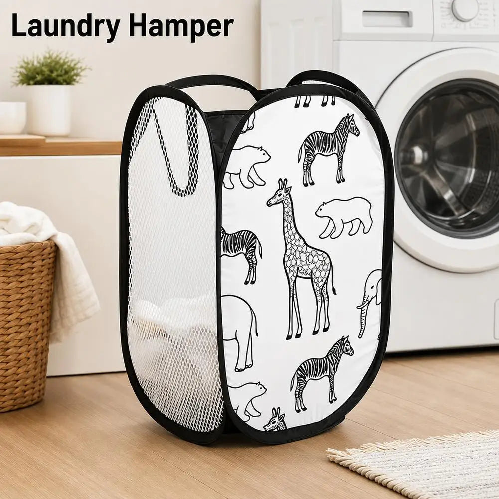 Animal print mesh laundry hamper with black trim in a bathroom laundry area beside a washing machine.