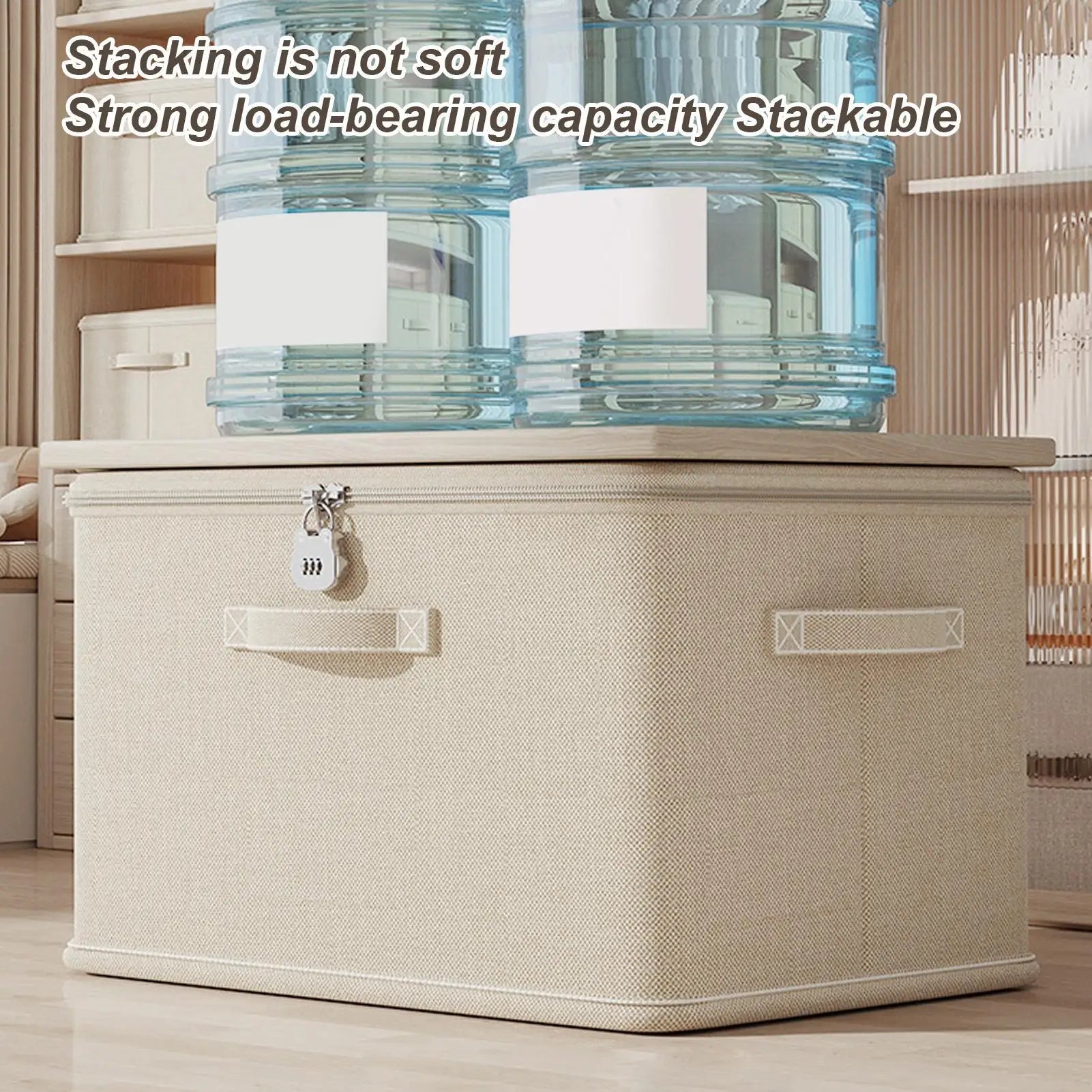 Stackable fabric storage box with lock supporting heavy water jugs