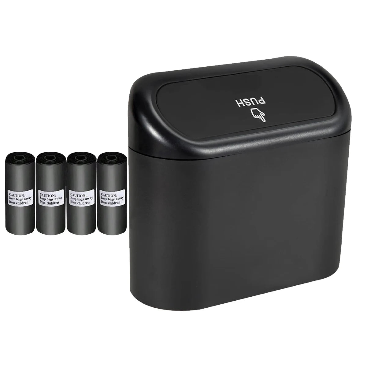 Black mini car trash can with push lid and four rolls of black trash bags