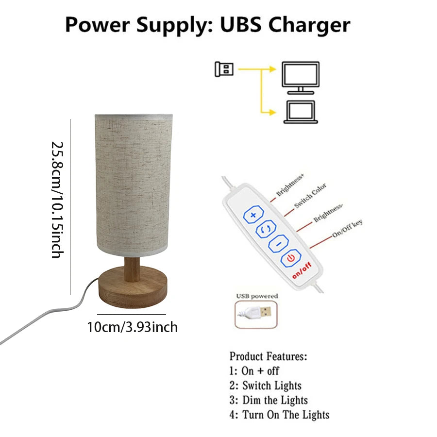 Wooden Bedside Table Lamp with Linen Shade – USB Powered, Warm Glow