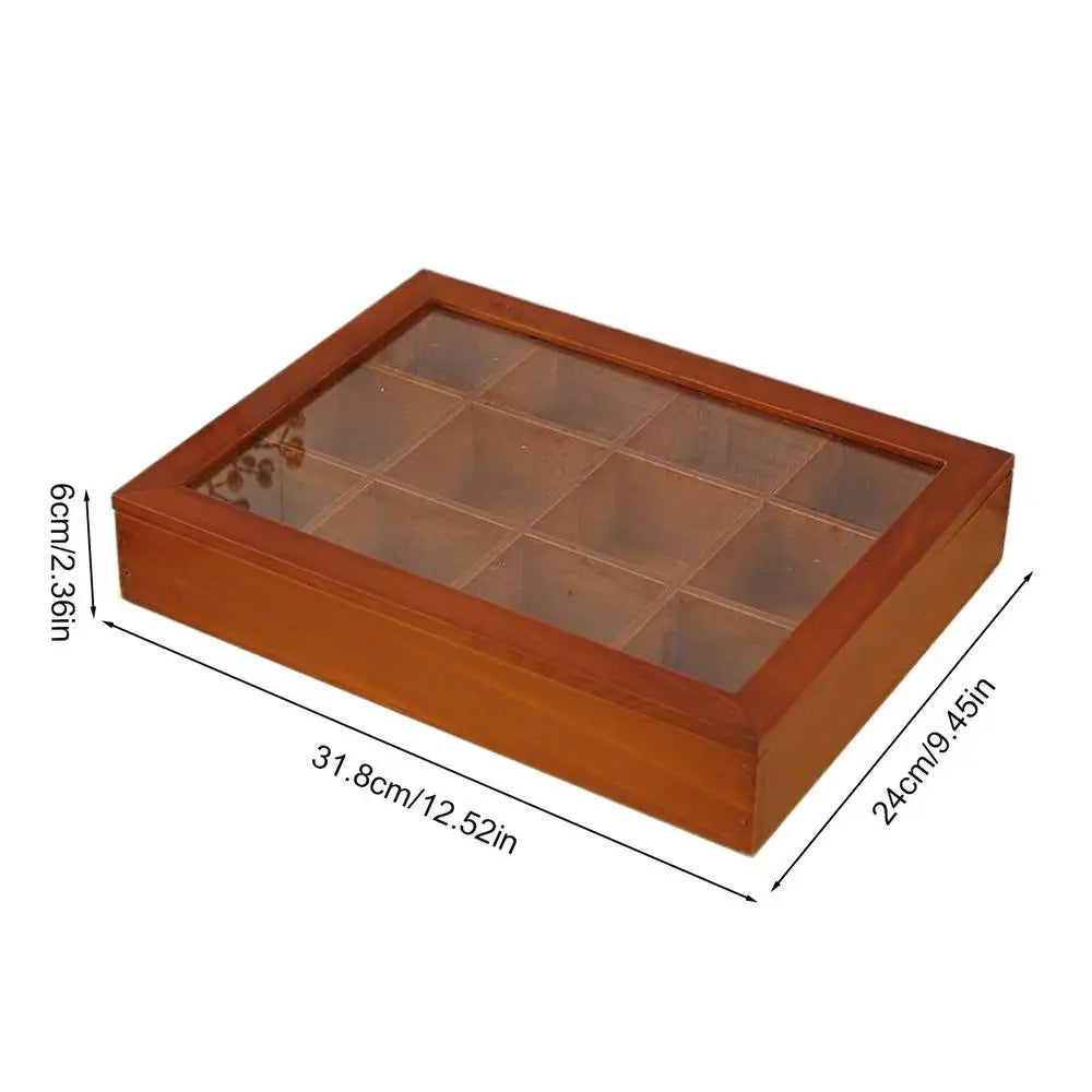 12-Compartment Wooden Tea Bag Organizer with Clear Lid
