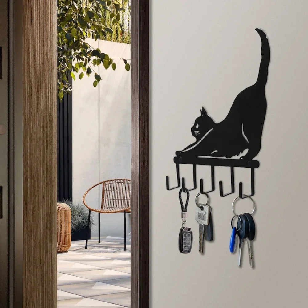 Stretching Cat Metal Wall Key Holder & Coat Rack