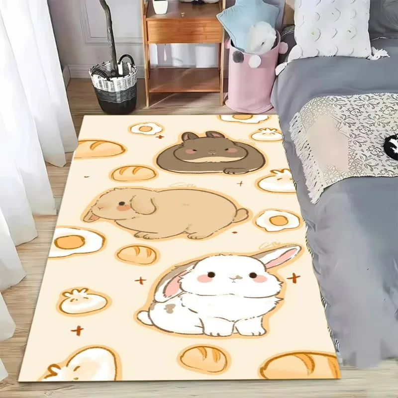 Bunny cartoon area rug with bread and egg motifs beside a bed in a cozy bedroom