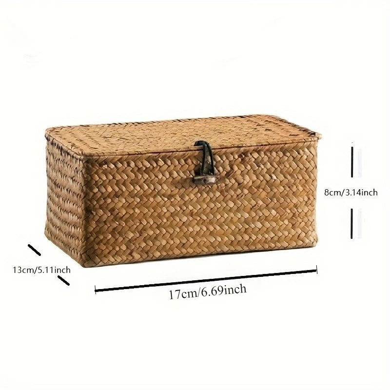 Rectangular woven bamboo storage basket with dimensions marked on white background