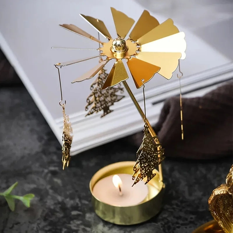 Spinning Metal Tealight Candle Holder with Rotating Charms for Cozy Home Decor & Festive Table Setting