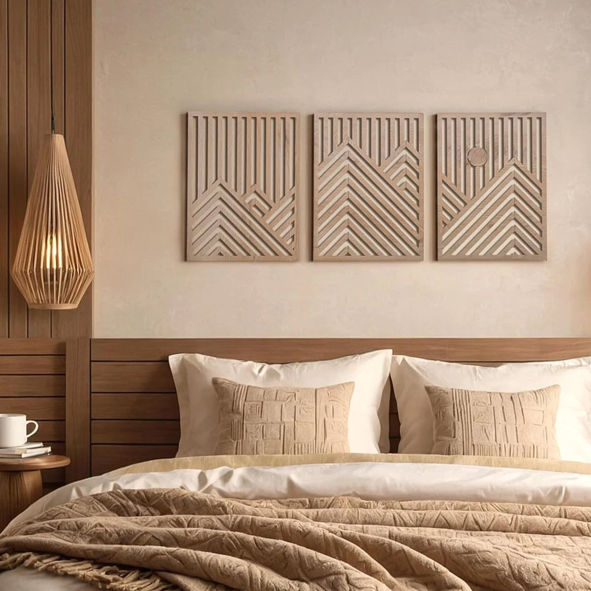 Light grey geometric wood wall art set displayed above a modern bed with neutral linens