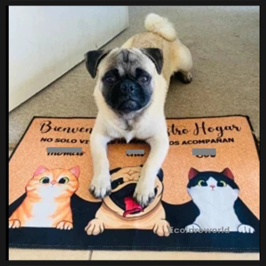 Pug dog on personalized pet doormat featuring cartoon pets and custom text