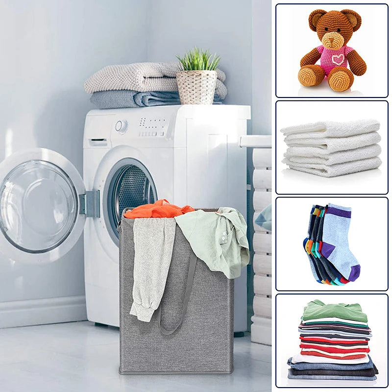 Grey slim laundry hamper placed in a bright laundry room, shown near a washing machine with laundry, towels, socks, and a teddy bear