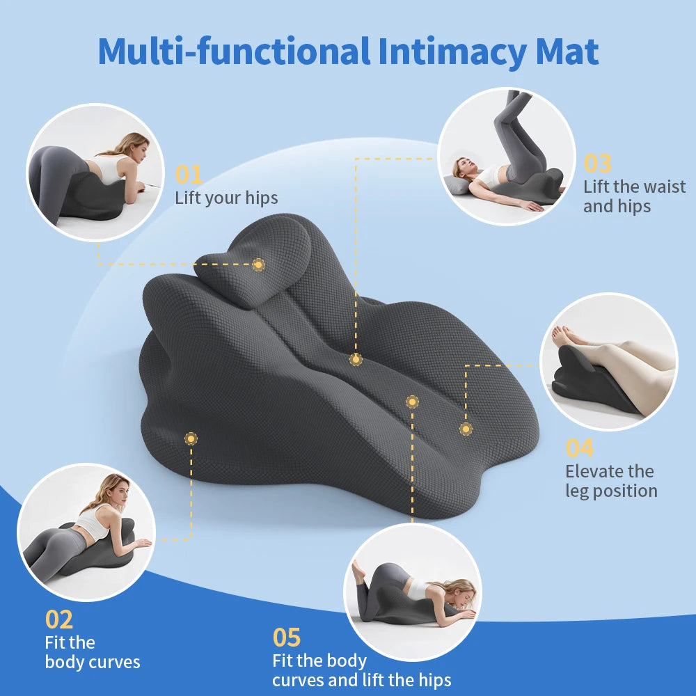 Multifunctional memory foam body support pillow for bed shown with human model in different resting positions