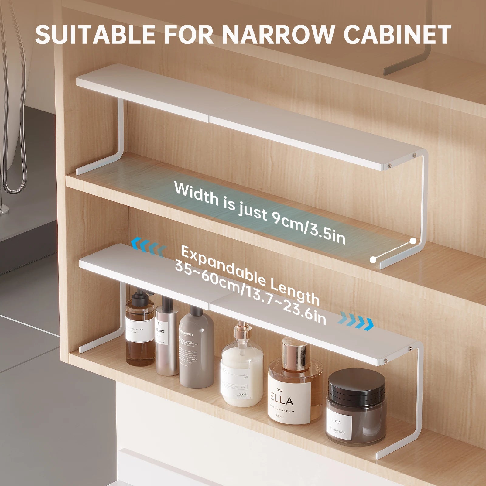 Bathroom cabinet with under-shelf organizer showing width and expandable length dimensions