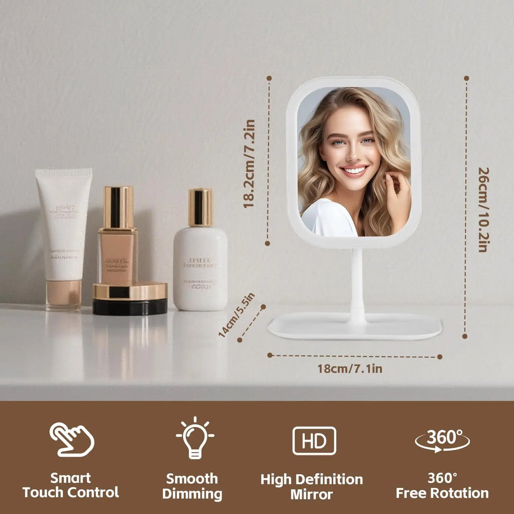 Size diagram of white tabletop vanity mirror with beauty products around