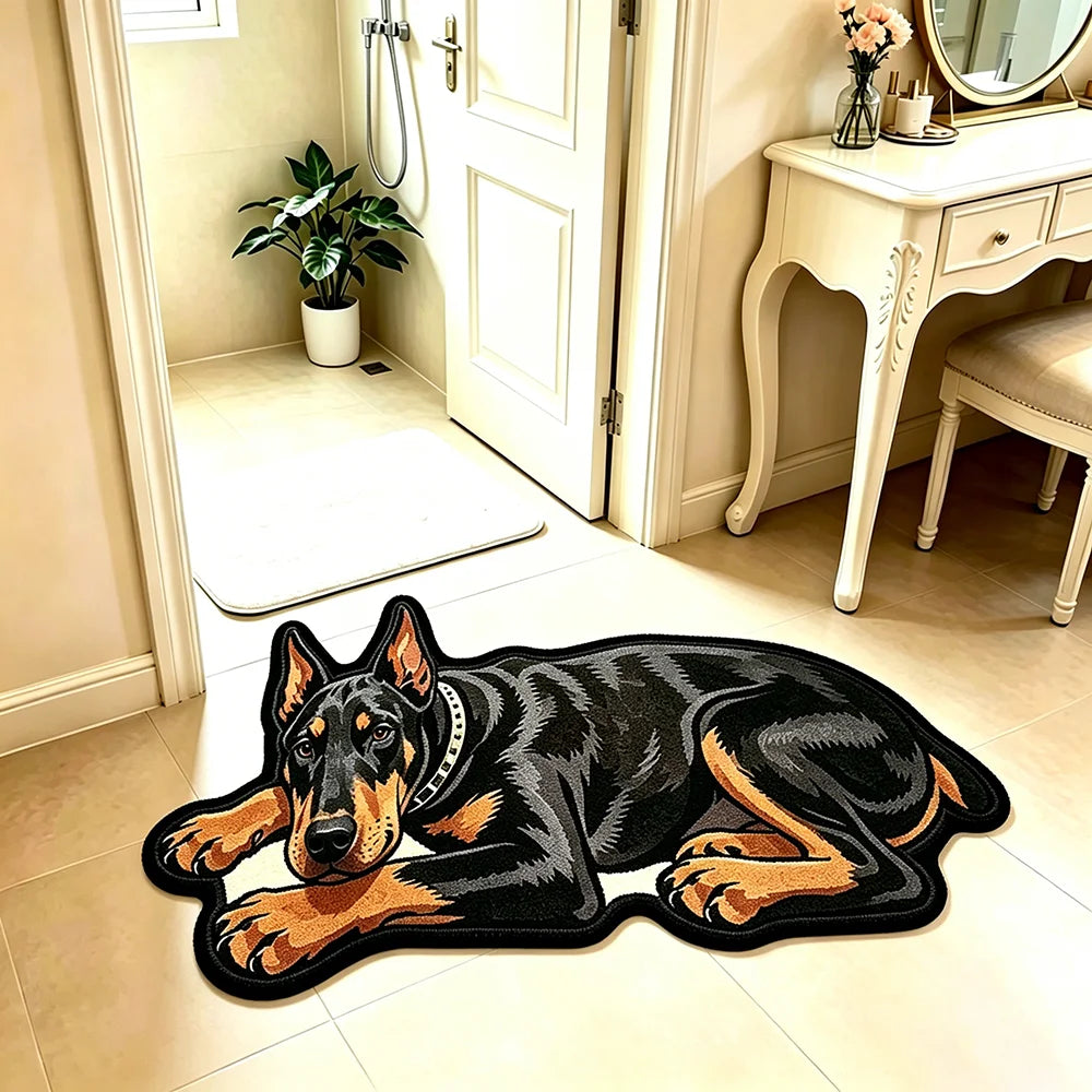 Doberman dog shaped rug on a bedroom floor beside a vanity and bathroom door