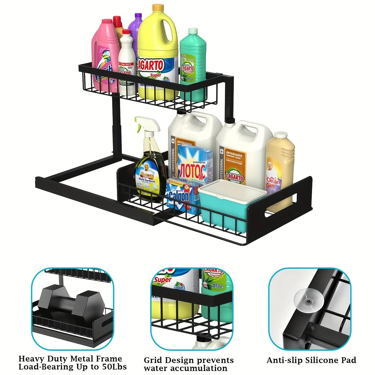 Black two-tier pull-out metal organizer on white background, filled with cleaning supplies and showing details of anti-slip pad and basket design