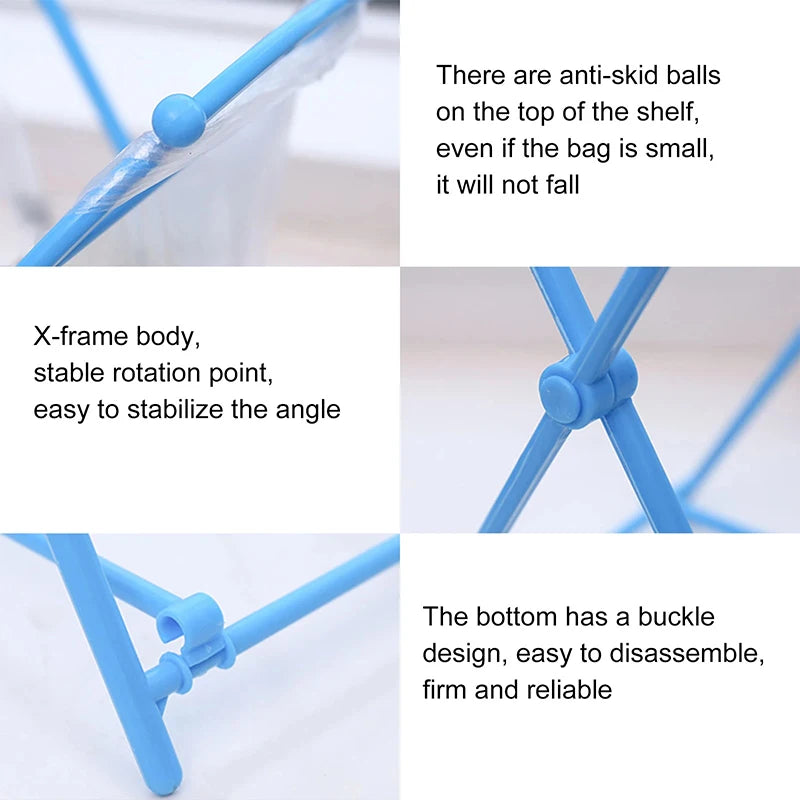 Close-up features of foldable trash bag holder – anti-slip ball top and sturdy X-frame