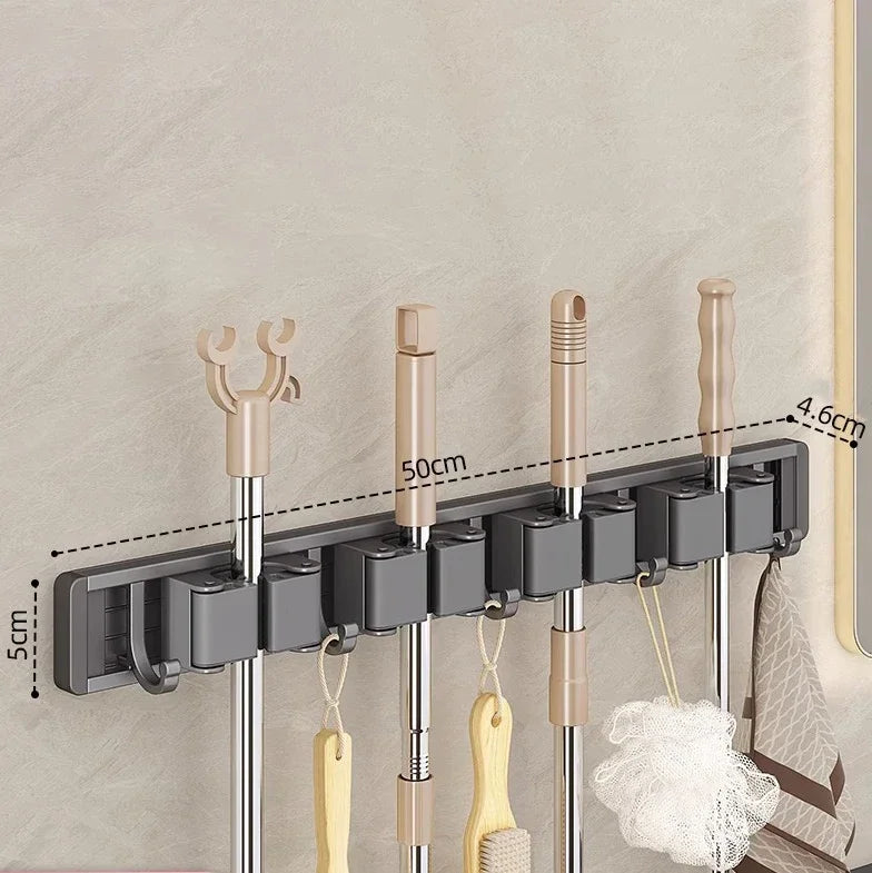 Wall-Mounted Broom and Mop Organizer Rack with Side Hooks – Grey