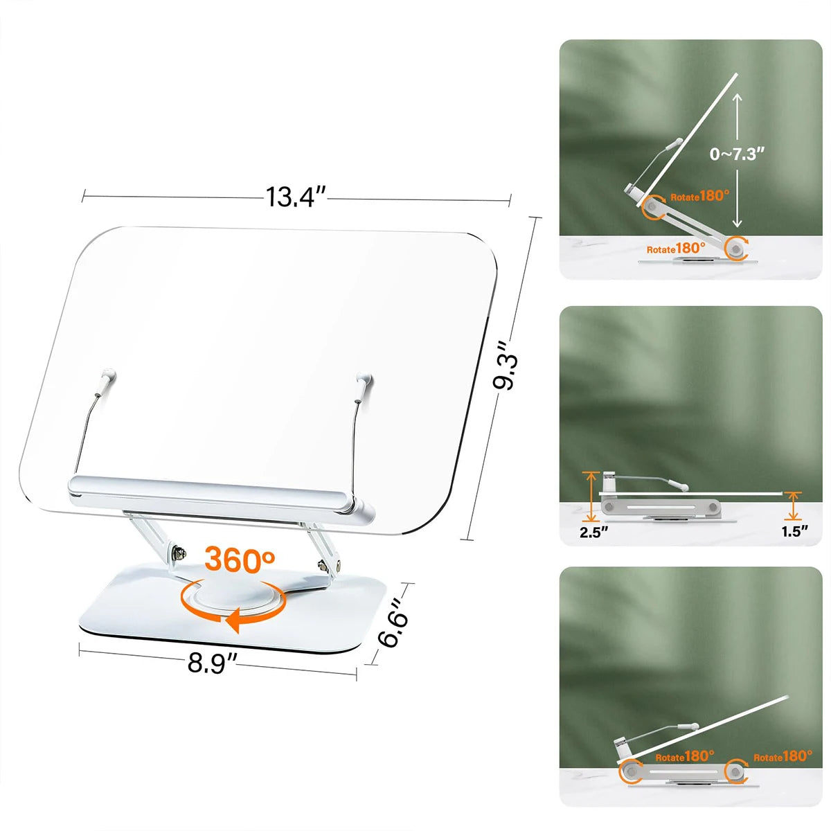 Acrylic book stand with labeled measurements and diagrams showing adjustable angles and folding