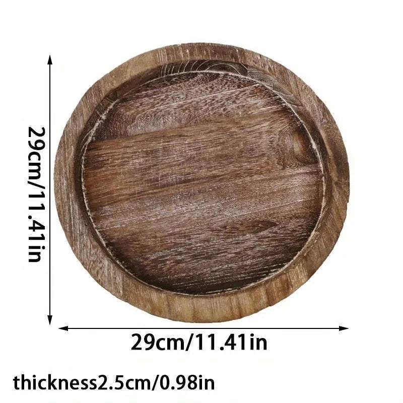 Empty round wooden tray with a diameter of 29 cm and thickness of 2.5 cm shown against a white background with size labels
