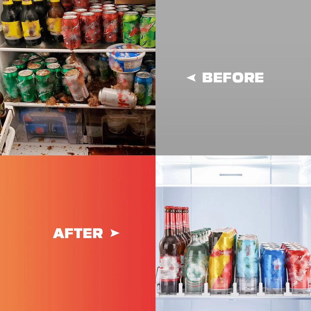 before and after fridge shelf comparison showing organizers making drinks tidy
