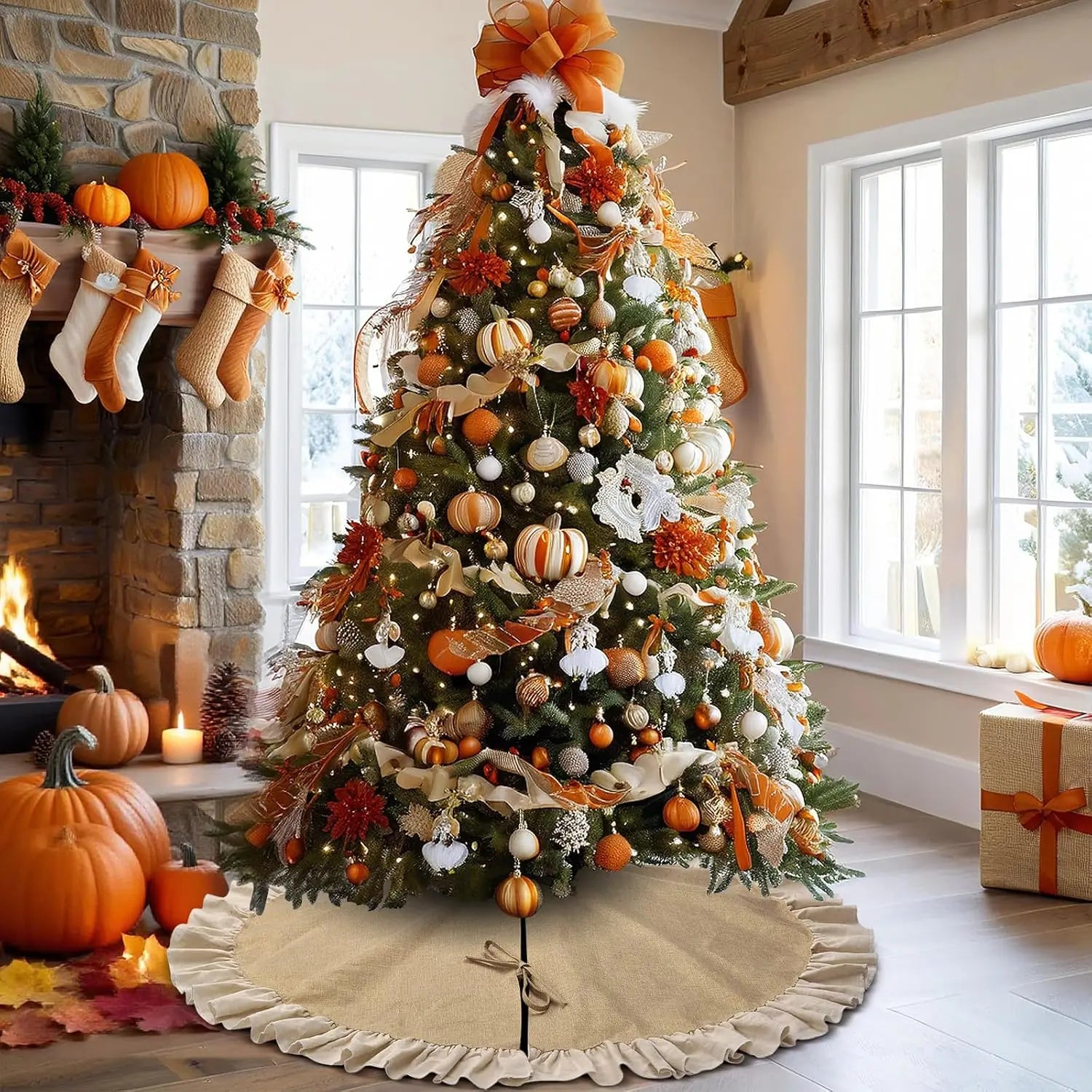 Large farmhouse-style Christmas tree skirt with ruffle edge in cozy living room