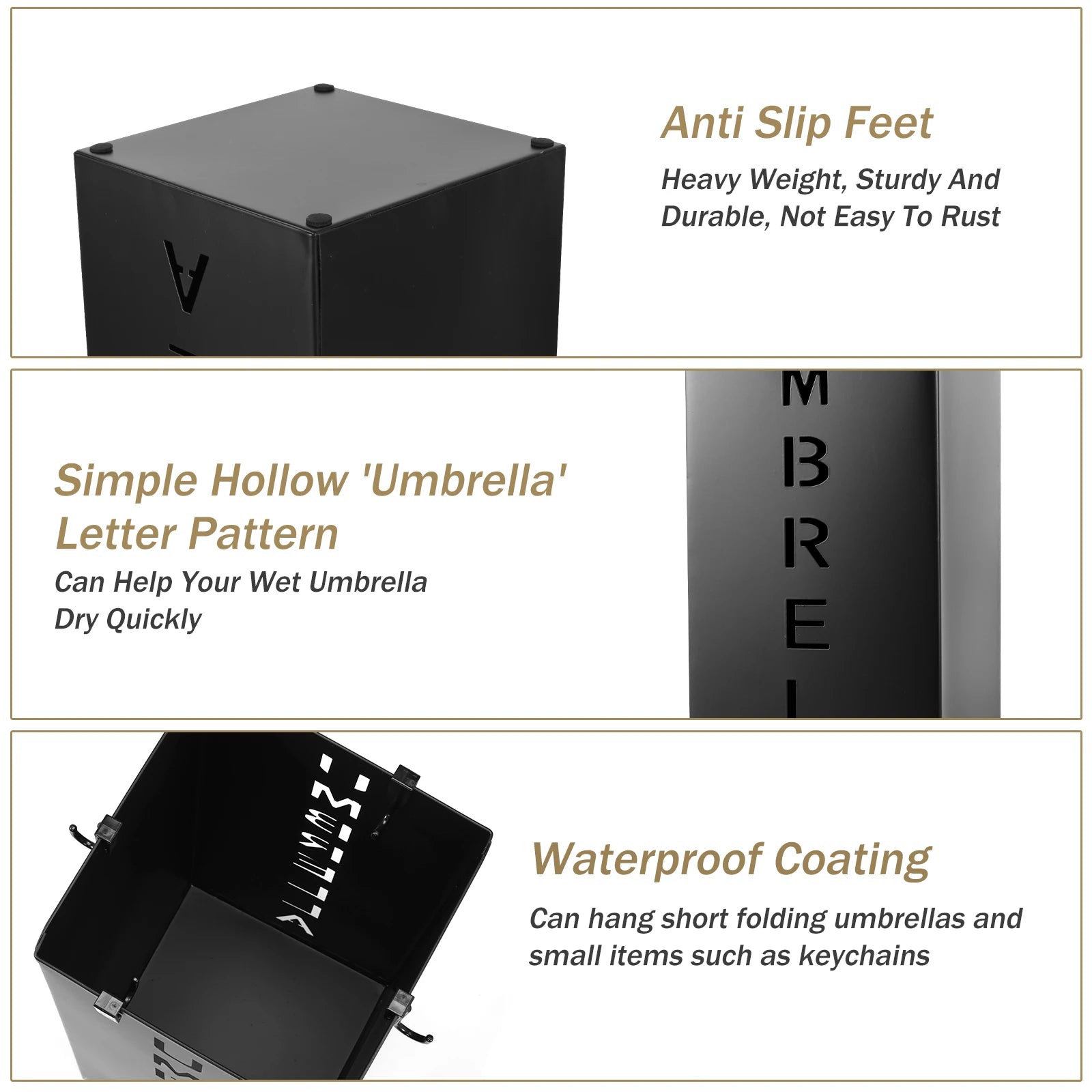 Details of anti-slip feet, hollow ventilated cutout design, and waterproof coating on metal umbrella stand