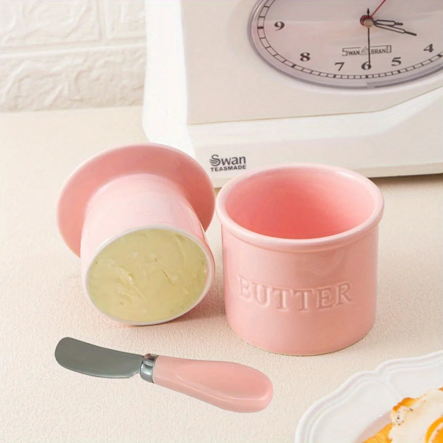 Elise Pink Ceramic French Butter Crock with Lid & Butter Knife for Kitchen Counter
