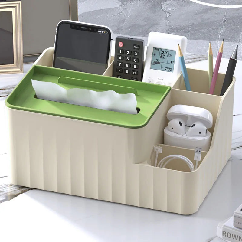 6-Section Desk Organizer with Tissue Box and Remote Holder for Living Room, Office, or Kitchen