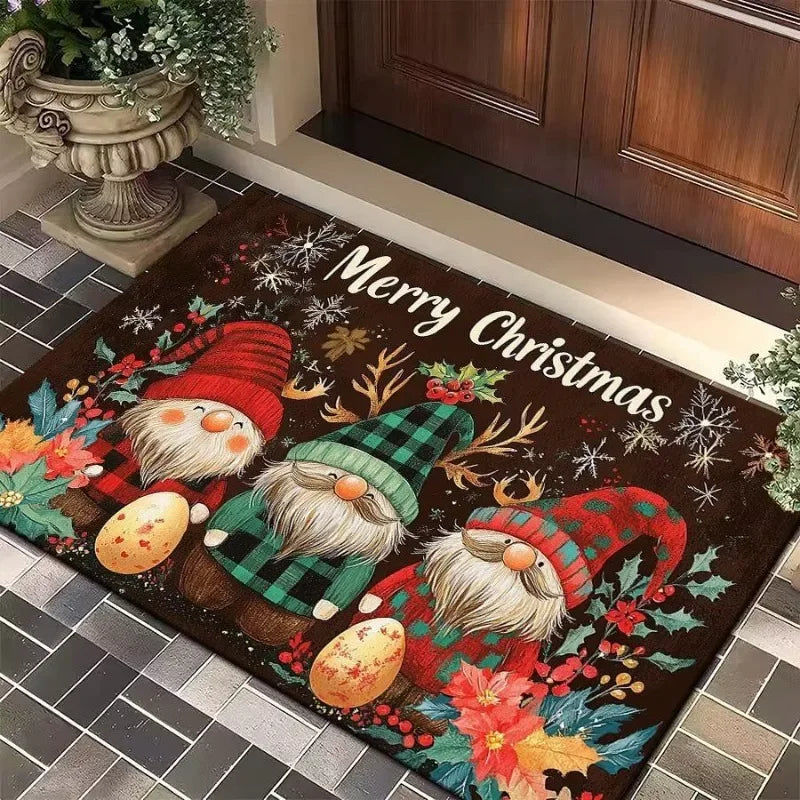 Dark brown Christmas gnome door mat with festive gnomes, floral accents, and 'Merry Christmas' near a doorway