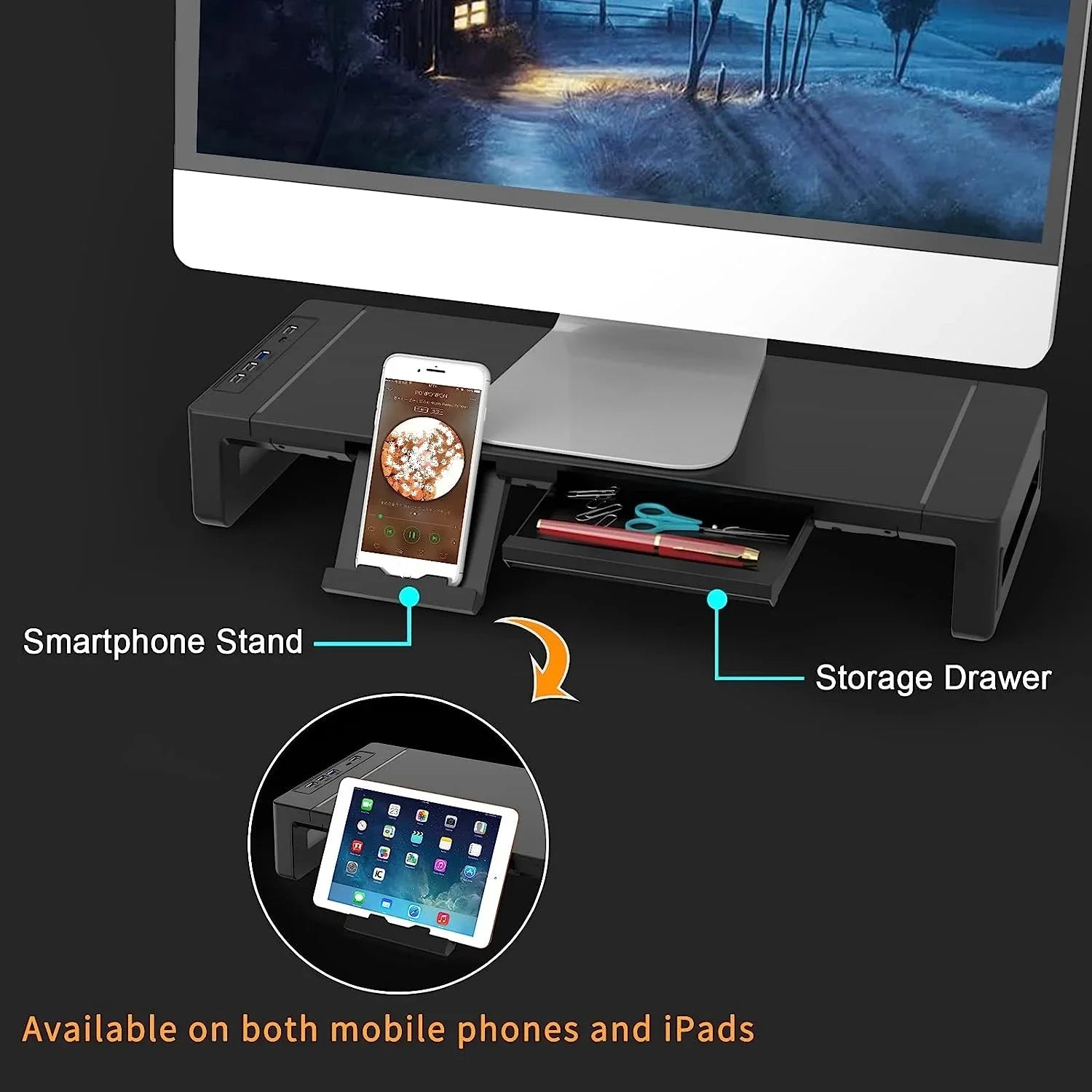 Black monitor riser labeled with smartphone stand and storage drawer features, shown with monitor and tablet