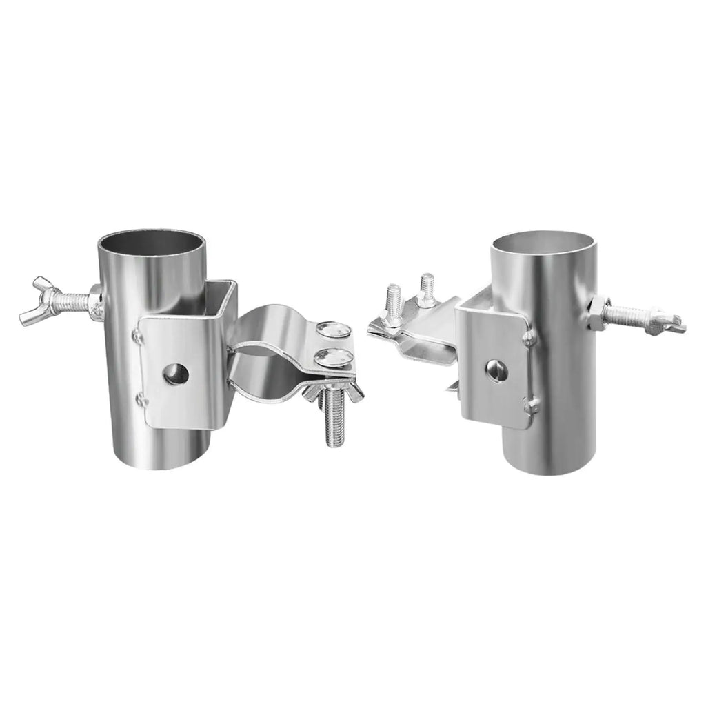 Two views of the metal clamp-on umbrella holder with bolts and fittings