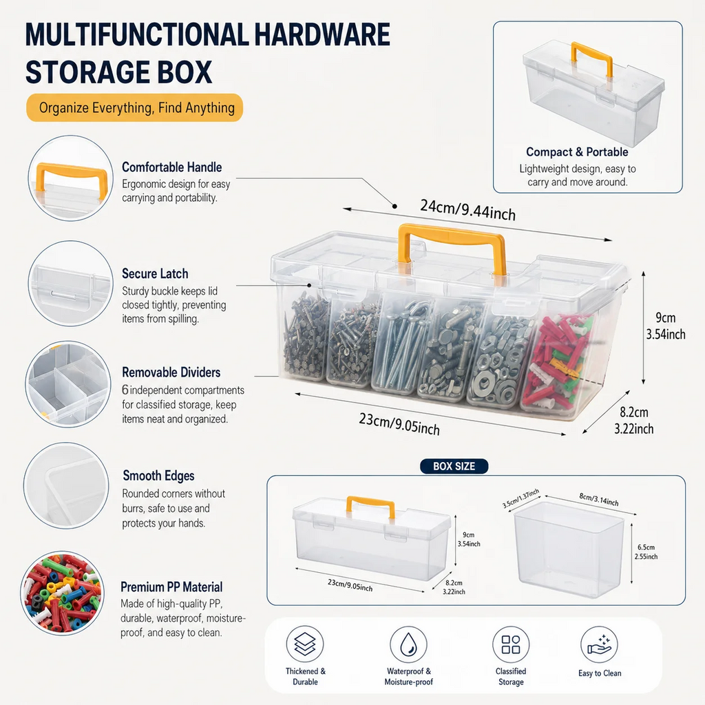 Hardware storage box diagram with removable dividers and labeled size features for garage or utility use
