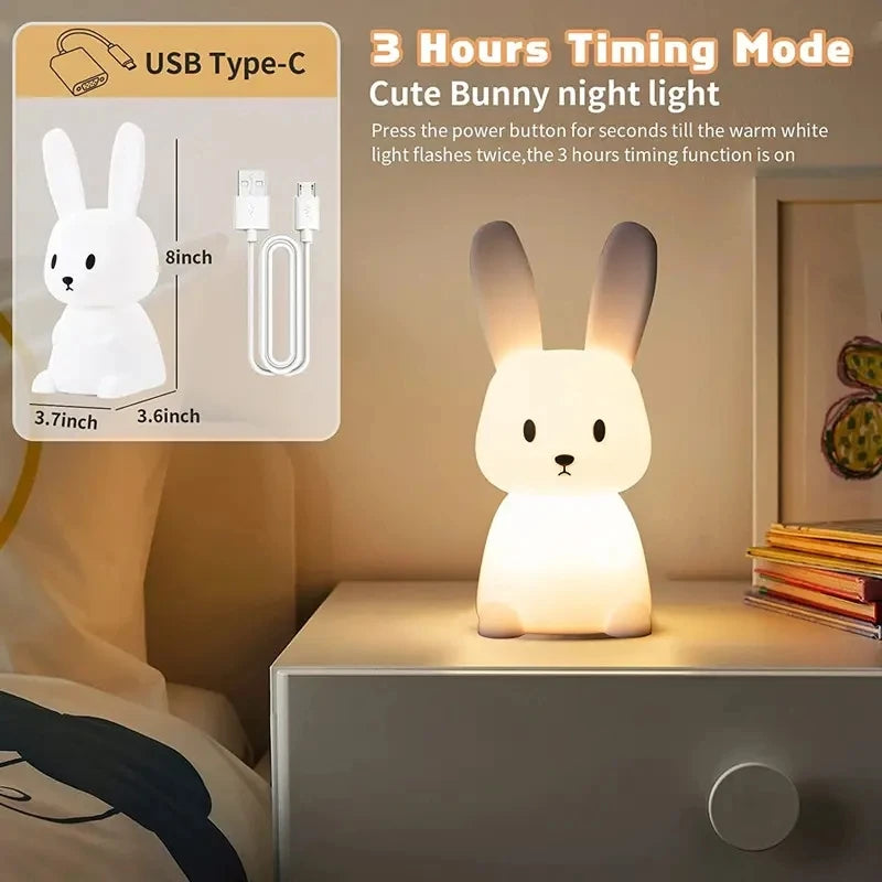 Diagram of bunny night light size, USB Type-C charging cable, and three-hour timer feature on a nightstand