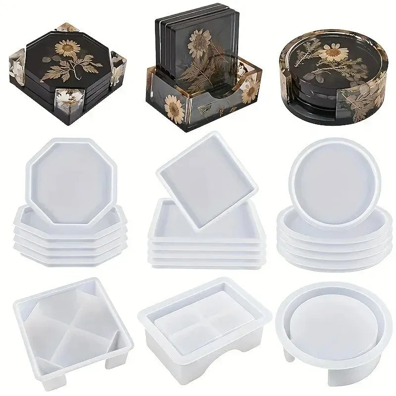 Silicone resin coaster mold set with various coaster and holder shapes, finished resin coasters shown with embedded flowers.