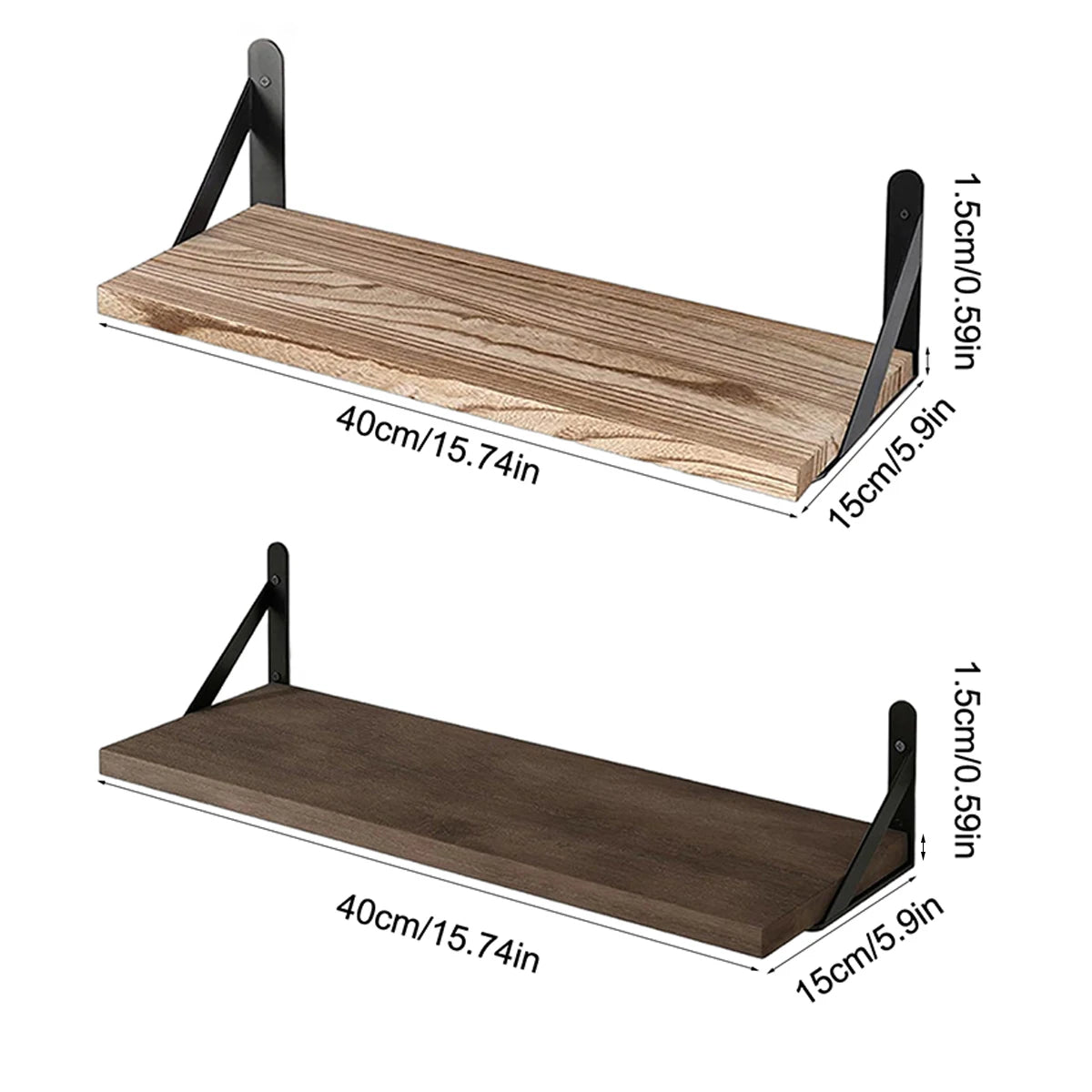 Light wood and walnut floating wall shelf options with labeled size measurements
