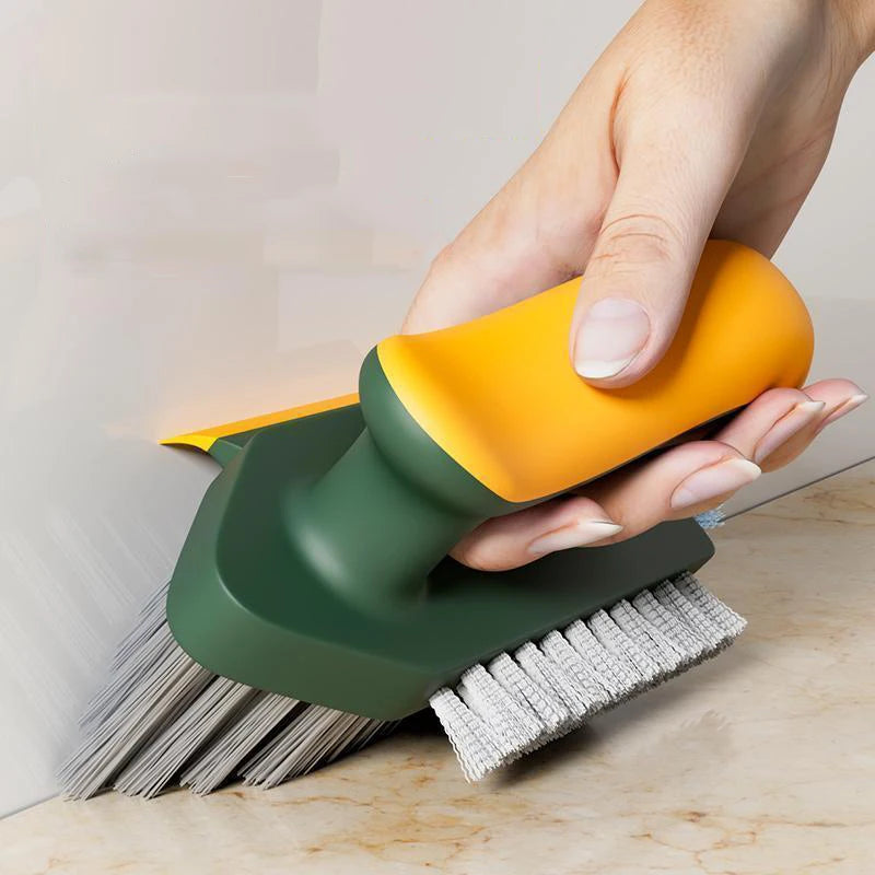 Yellow green brush cleaning tile grout in a bathroom corner
