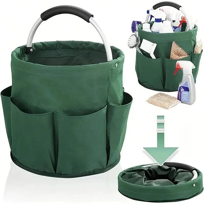 Green foldable canvas storage basket with handle and outer pockets, shown full and collapsed