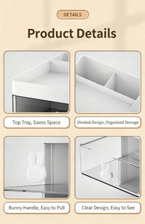 Detail images of white desk organizer showing divided tray, bunny handle, and clear easy-view drawers