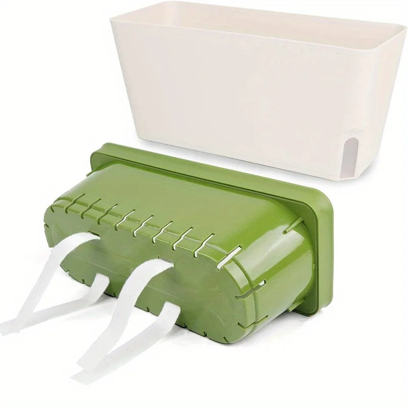 Green and white self-watering planter disassembled, showing wicking strips inside