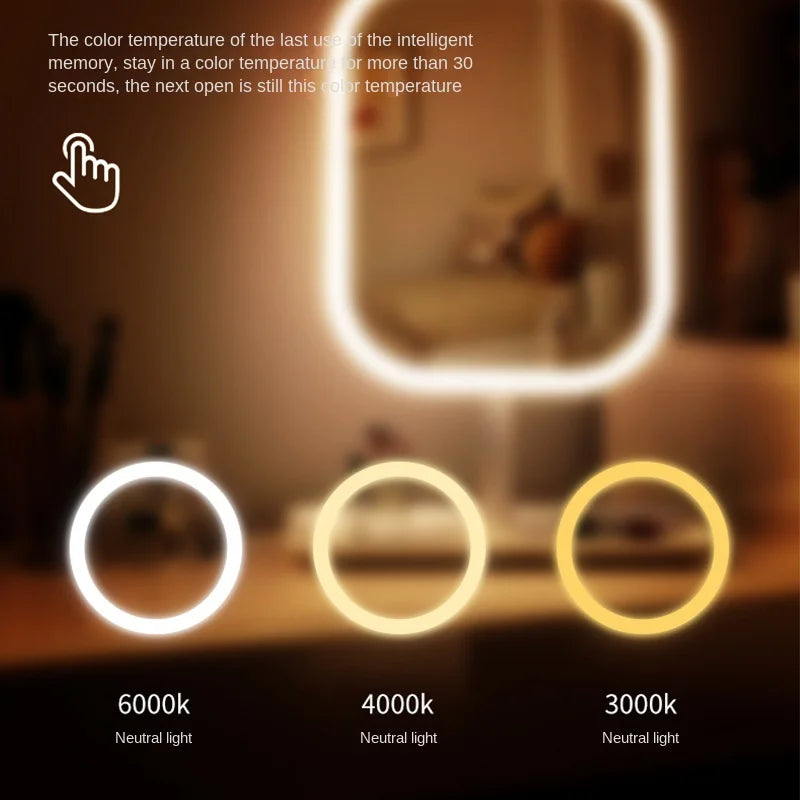 LED mirror showing three selectable light color temperatures: warm, neutral, and cool