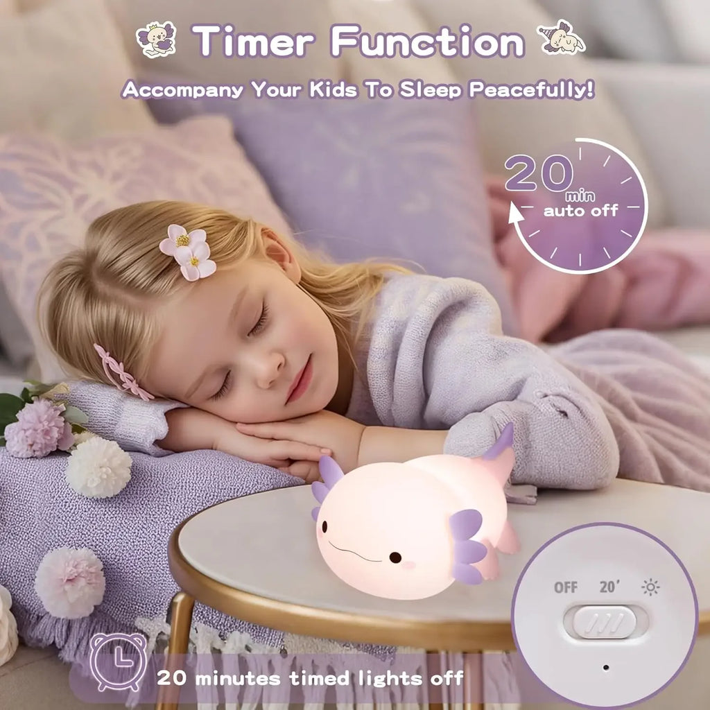 Girl sleeping with axolotl night light nearby and timer function displayed