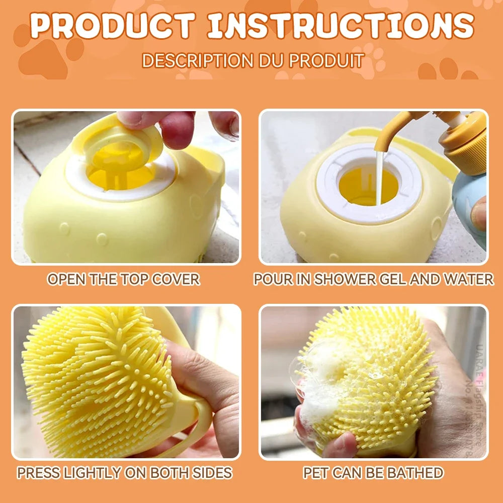 Step-by-step instructions showing how to open, fill, and use a yellow dog and cat bath brush with dispenser