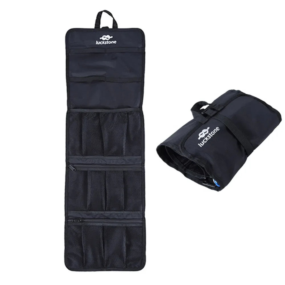 Black portable roll organizer, open with multiple mesh pockets and rolled up with a buckle strap