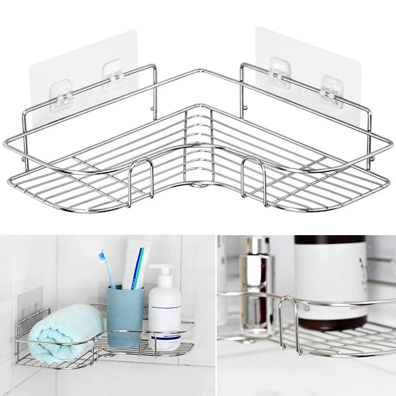 Stainless steel adhesive triangle corner shelf for bathroom or kitchen storage, shown empty and in use with toiletries.