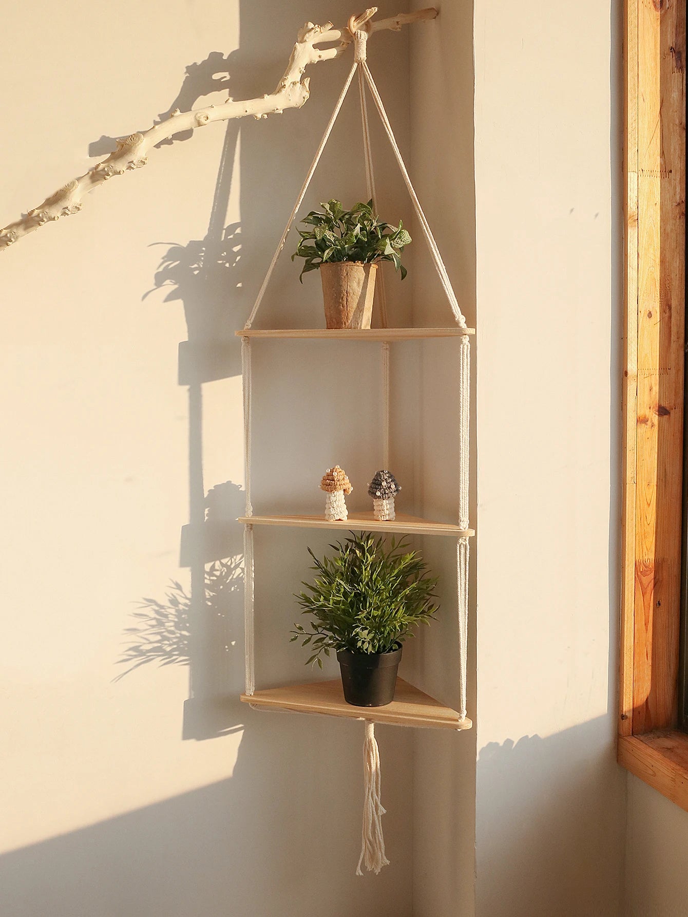 Juniper Macrame Wooden Corner Shelf for Wall – Floating Boho Display