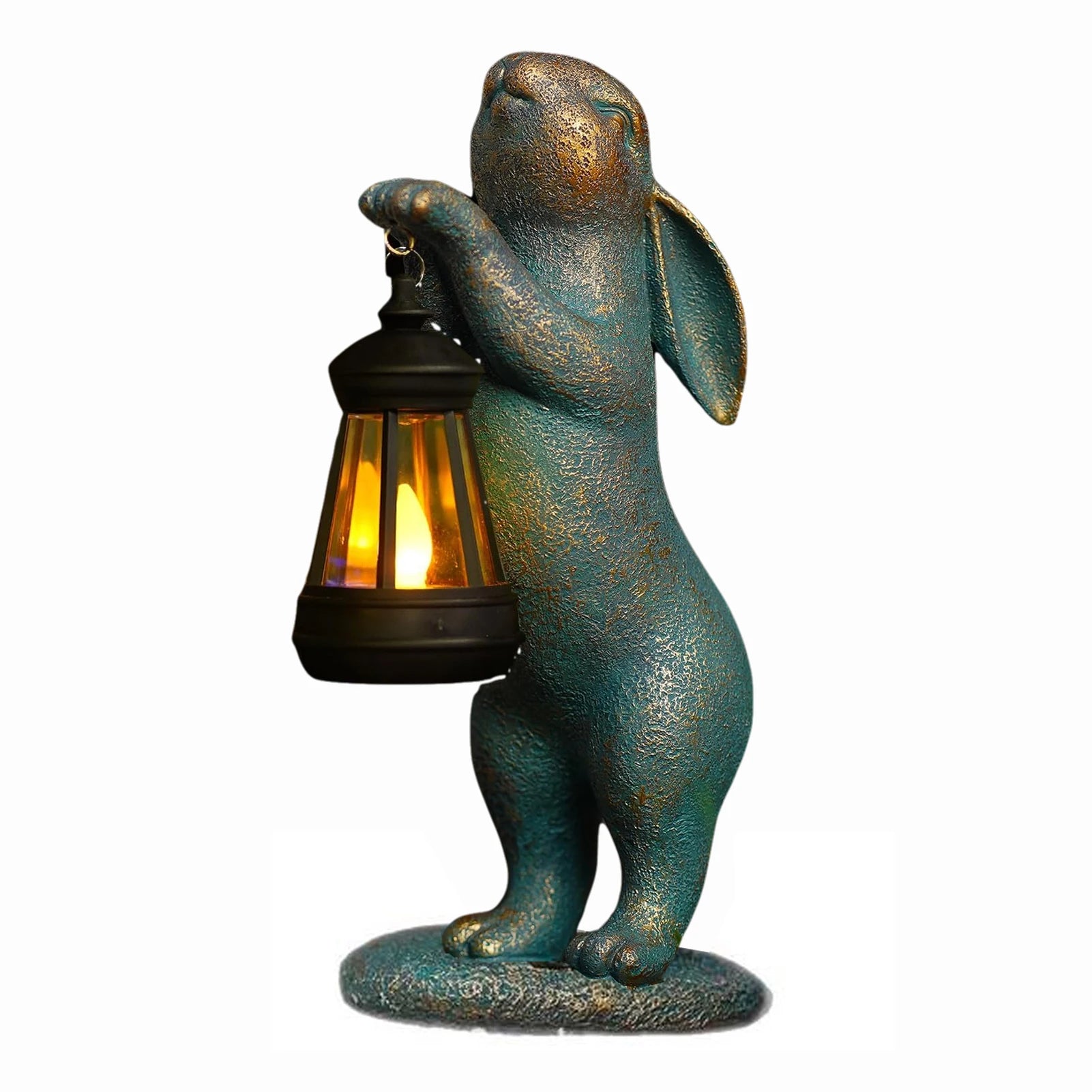 Green-bronze finish rabbit figurine holding solar lantern on white background