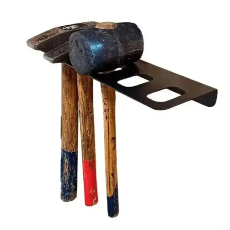 Wall-mounted hammer organizer rack holding three hammers