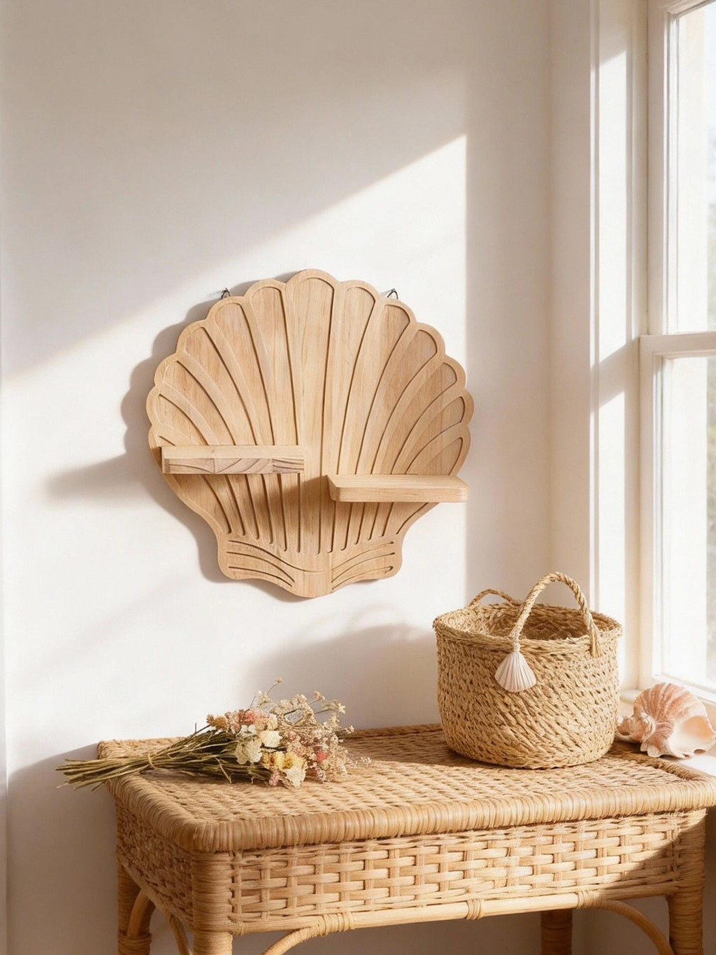 Wide view of the seashell wall shelf above a woven bench, styled with soft neutral decor for a cozy, airy bedroom or living room feel.